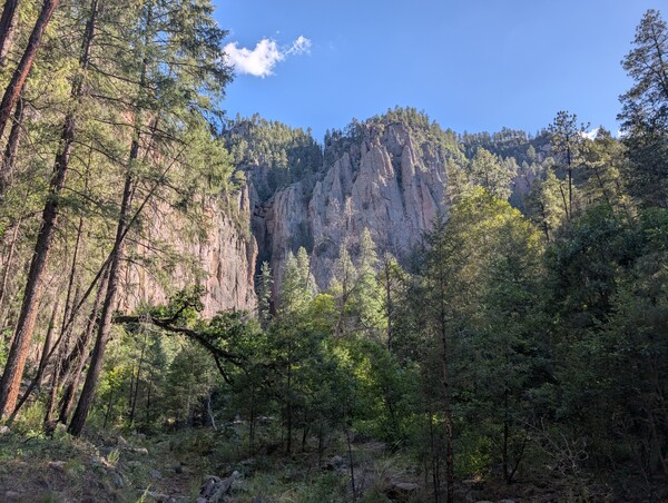 Natural stone spires rise over a forest