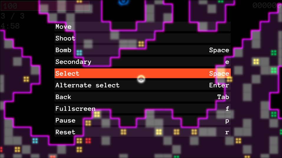 The menu of Afterlight Caves, with entries to rebind each control